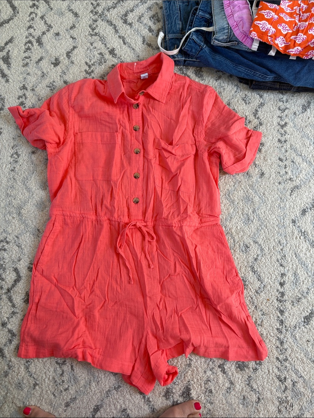 Women's Coral Button-Front Romper - Casual Drawstring Waist